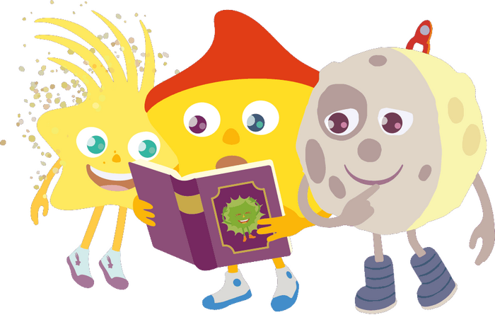 Der Kleine Stern, Sternschnuppe und der Mond lesen in einem Buch