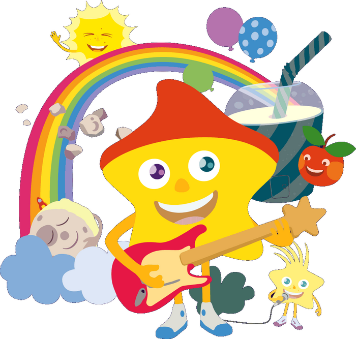 Das Lern-Erlebnis-Programm mit dem Kleinen Stern. Sonne, Mond, Sternschnuppe und Kleiner Stern zusammen mit Regenbogen, Luftballons und der Trinkbecher-Sternwarte.