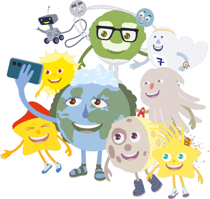 Die Figuren: Der Kleine Stern, Mond, Erde, Sonne, Wind, Wolke 7, Grüner Planet und Roboter machen Gruppenfoto